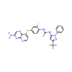 CN(C)c1cnc2c(Oc3ccc(NC(=O)Nc4cc(C(C)(C)C)nn4-c4ccccc4)c(F)c3)ccnc2n1 ZINC000058538043