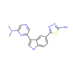 CN(C)c1cncc(-c2c[nH]c3ccc(-c4nnc(N)s4)cc23)n1 ZINC000204772722