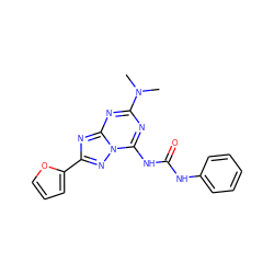 CN(C)c1nc(NC(=O)Nc2ccccc2)n2nc(-c3ccco3)nc2n1 ZINC000049066417