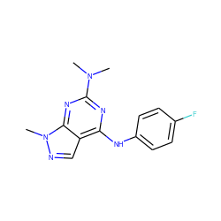 CN(C)c1nc(Nc2ccc(F)cc2)c2cnn(C)c2n1 ZINC000017148895