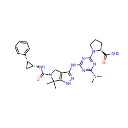 CN(C)c1nc(Nc2n[nH]c3c2CN(C(=O)N[C@@H]2C[C@@H]2c2ccccc2)C3(C)C)nc(N2CCC[C@H]2C(N)=O)n1 ZINC000147497819