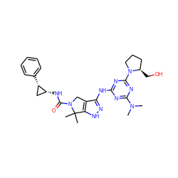 CN(C)c1nc(Nc2n[nH]c3c2CN(C(=O)N[C@@H]2C[C@@H]2c2ccccc2)C3(C)C)nc(N2CCC[C@H]2CO)n1 ZINC000115986699