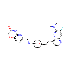 CN(C)c1nc2c(CCC34CCC(NCc5ccc6c(n5)NC(=O)CO6)(CC3)CO4)ccnc2cc1F ZINC000149134312