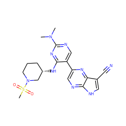 CN(C)c1ncc(-c2cnc3[nH]cc(C#N)c3n2)c(N[C@H]2CCCN(S(C)(=O)=O)C2)n1 ZINC000168679639