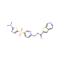 CN(C)c1ncc(S(=O)(=O)c2ccc(CNC(=O)c3cc4ccncc4s3)nc2)s1 ZINC000223401637