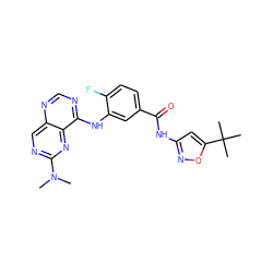 CN(C)c1ncc2ncnc(Nc3cc(C(=O)Nc4cc(C(C)(C)C)on4)ccc3F)c2n1 ZINC000148096375