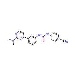 CN(C)c1nccc(-c2cccc(NC(=O)Nc3ccc(C#N)cc3)c2)n1 ZINC001772604987