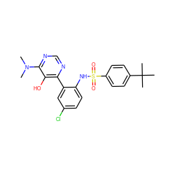 CN(C)c1ncnc(-c2cc(Cl)ccc2NS(=O)(=O)c2ccc(C(C)(C)C)cc2)c1O ZINC000474609821