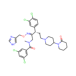 CN(C/C(=N\OCc1c[nH]cn1)[C@@H](CCN1CCC(N2CCCCC2=O)CC1)c1ccc(Cl)c(Cl)c1)C(=O)c1cc(Cl)cc(Cl)c1 ZINC000027888737