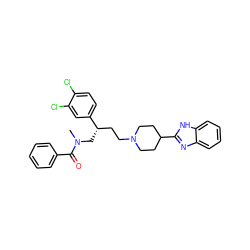 CN(C[C@@H](CCN1CCC(c2nc3ccccc3[nH]2)CC1)c1ccc(Cl)c(Cl)c1)C(=O)c1ccccc1 ZINC000026290874