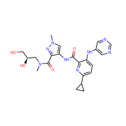 CN(C[C@@H](O)CO)C(=O)c1nn(C)cc1NC(=O)c1nc(C2CC2)ccc1Nc1cncnc1 ZINC000148772809