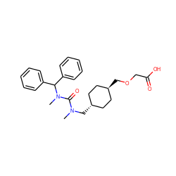 CN(C[C@H]1CC[C@H](COCC(=O)O)CC1)C(=O)N(C)C(c1ccccc1)c1ccccc1 ZINC001772583205