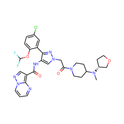 CN(C1CCN(C(=O)Cn2cc(NC(=O)c3cnn4cccnc34)c(-c3cc(Cl)ccc3OC(F)F)n2)CC1)[C@@H]1CCOC1 ZINC001772621844