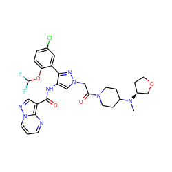 CN(C1CCN(C(=O)Cn2cc(NC(=O)c3cnn4cccnc34)c(-c3cc(Cl)ccc3OC(F)F)n2)CC1)[C@H]1CCOC1 ZINC001772620360