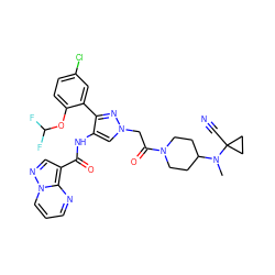 CN(C1CCN(C(=O)Cn2cc(NC(=O)c3cnn4cccnc34)c(-c3cc(Cl)ccc3OC(F)F)n2)CC1)C1(C#N)CC1 ZINC001772632646