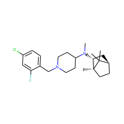 CN(C1CCN(Cc2ccc(Cl)cc2F)CC1)[C@@H]1C[C@H]2CC[C@]1(C)C2(C)C ZINC000040395195