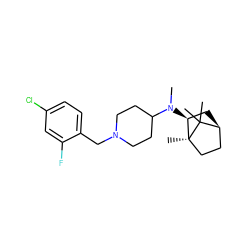 CN(C1CCN(Cc2ccc(Cl)cc2F)CC1)[C@H]1C[C@H]2CC[C@]1(C)C2(C)C ZINC000040394585