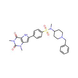 CN(C1CCN(Cc2ccccc2)CC1)S(=O)(=O)c1ccc(-c2cc3c([nH]2)c(=O)n(C)c(=O)n3C)cc1 ZINC000036190449