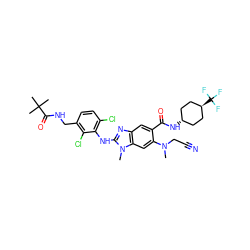 CN(CC#N)c1cc2c(cc1C(=O)N[C@H]1CC[C@H](C(F)(F)F)CC1)nc(Nc1c(Cl)ccc(CNC(=O)C(C)(C)C)c1Cl)n2C ZINC000261110813