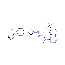 CN(CC(=O)NC1CN(C2CCC(O)(c3nccs3)CC2)C1)c1ncnc2ccc(C(F)(F)F)cc12 ZINC000149153644