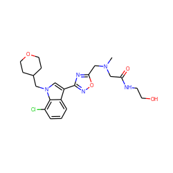 CN(CC(=O)NCCO)Cc1nc(-c2cn(CC3CCOCC3)c3c(Cl)cccc23)no1 ZINC000034891621