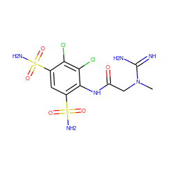 CN(CC(=O)Nc1c(S(N)(=O)=O)cc(S(N)(=O)=O)c(Cl)c1Cl)C(=N)N ZINC000013800576