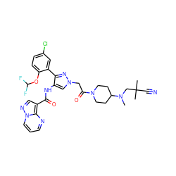 CN(CC(C)(C)C#N)C1CCN(C(=O)Cn2cc(NC(=O)c3cnn4cccnc34)c(-c3cc(Cl)ccc3OC(F)F)n2)CC1 ZINC001772603676