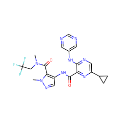 CN(CC(F)(F)F)C(=O)c1c(NC(=O)c2nc(C3CC3)cnc2Nc2cncnc2)cnn1C ZINC000148898895