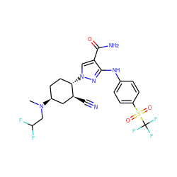 CN(CC(F)F)[C@H]1CC[C@H](n2cc(C(N)=O)c(Nc3ccc(S(=O)(=O)C(F)(F)F)cc3)n2)[C@@H](C#N)C1 ZINC000222974782