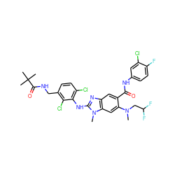 CN(CC(F)F)c1cc2c(cc1C(=O)Nc1ccc(F)c(Cl)c1)nc(Nc1c(Cl)ccc(CNC(=O)C(C)(C)C)c1Cl)n2C ZINC000165389876