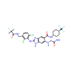 CN(CC(N)=O)c1cc2c(cc1C(=O)N[C@H]1CC[C@H](C(F)(F)F)CC1)nc(Nc1c(Cl)ccc(CNC(=O)C(C)(C)F)c1Cl)n2C ZINC000261193030