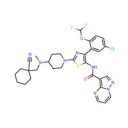 CN(CC1(C#N)CCCCC1)C1CCN(c2nc(-c3cc(Cl)ccc3OC(F)F)c(NC(=O)c3cnn4cccnc34)s2)CC1 ZINC001772619612