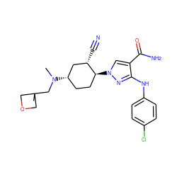 CN(CC1(C)COC1)[C@H]1CC[C@H](n2cc(C(N)=O)c(Nc3ccc(Cl)cc3)n2)[C@@H](C#N)C1 ZINC000222979177