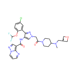 CN(CC1(C)COC1)C1CCN(C(=O)Cn2cc(NC(=O)c3cnn4cccnc34)c(-c3cc(Cl)ccc3OC(F)F)n2)CC1 ZINC001772648981