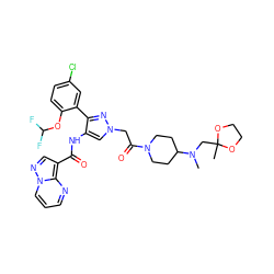 CN(CC1(C)OCCO1)C1CCN(C(=O)Cn2cc(NC(=O)c3cnn4cccnc34)c(-c3cc(Cl)ccc3OC(F)F)n2)CC1 ZINC001772581849