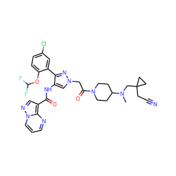 CN(CC1(CC#N)CC1)C1CCN(C(=O)Cn2cc(NC(=O)c3cnn4cccnc34)c(-c3cc(Cl)ccc3OC(F)F)n2)CC1 ZINC001772645445