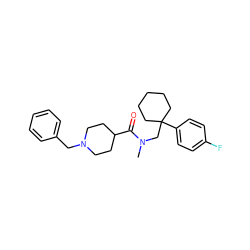 CN(CC1(c2ccc(F)cc2)CCCCC1)C(=O)C1CCN(Cc2ccccc2)CC1 ZINC000072113206