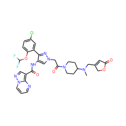 CN(CC1=CC(=O)OC1)C1CCN(C(=O)Cn2cc(NC(=O)c3cnn4cccnc34)c(-c3cc(Cl)ccc3OC(F)F)n2)CC1 ZINC001772657399