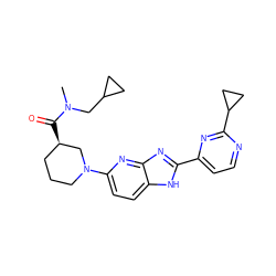 CN(CC1CC1)C(=O)[C@@H]1CCCN(c2ccc3[nH]c(-c4ccnc(C5CC5)n4)nc3n2)C1 ZINC000221408913