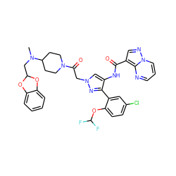 CN(CC1Oc2ccccc2O1)C1CCN(C(=O)Cn2cc(NC(=O)c3cnn4cccnc34)c(-c3cc(Cl)ccc3OC(F)F)n2)CC1 ZINC001772593083