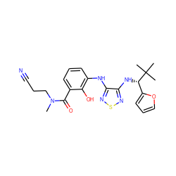 CN(CCC#N)C(=O)c1cccc(Nc2nsnc2N[C@@H](c2ccco2)C(C)(C)C)c1O ZINC000040866577