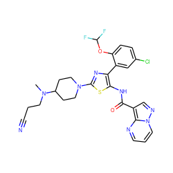 CN(CCC#N)C1CCN(c2nc(-c3cc(Cl)ccc3OC(F)F)c(NC(=O)c3cnn4cccnc34)s2)CC1 ZINC001772639138