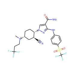 CN(CCC(F)(F)F)[C@@H]1CC[C@H](n2cc(C(N)=O)c(Nc3ccc(S(=O)(=O)C(F)(F)F)cc3)n2)[C@@H](C#N)C1 ZINC000222976617