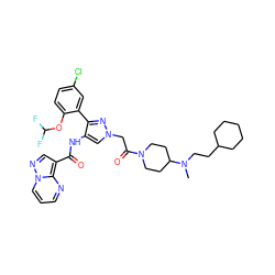 CN(CCC1CCCCC1)C1CCN(C(=O)Cn2cc(NC(=O)c3cnn4cccnc34)c(-c3cc(Cl)ccc3OC(F)F)n2)CC1 ZINC001772609214