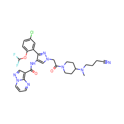 CN(CCCC#N)C1CCN(C(=O)Cn2cc(NC(=O)c3cnn4cccnc34)c(-c3cc(Cl)ccc3OC(F)F)n2)CC1 ZINC001772636721