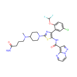 CN(CCCC(N)=O)C1CCN(c2nc(-c3cc(Cl)ccc3OC(F)F)c(NC(=O)c3cnn4cccnc34)s2)CC1 ZINC001772593126