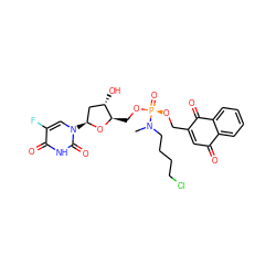 CN(CCCCCl)[P@](=O)(OCC1=CC(=O)c2ccccc2C1=O)OC[C@H]1O[C@@H](n2cc(F)c(=O)[nH]c2=O)C[C@@H]1O ZINC000003842714