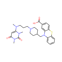 CN(CCCN1CCC(CN2c3ccccc3Sc3ccc(C(=O)O)cc32)CC1)c1cc(=O)n(C)c(=O)n1C ZINC000043070308