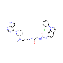 CN(CCCNC(=O)CNC(=O)Nc1ccc2ccn(-c3ccccc3Cl)c2c1)[C@@H]1CCCN(c2ncnc3[nH]ccc23)C1 ZINC001772650993