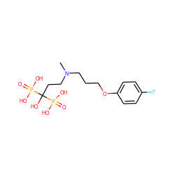 CN(CCCOc1ccc(F)cc1)CCC(O)(P(=O)(O)O)P(=O)(O)O ZINC000026747775